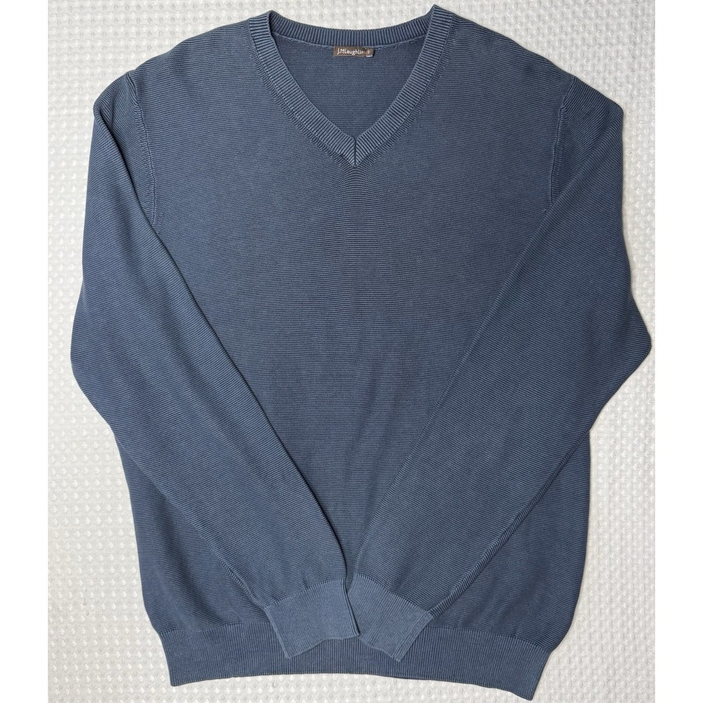 J McLaughlin Sweater Mens SM Blue Combed Cotton VNeck Lightweight Luxury Preppy